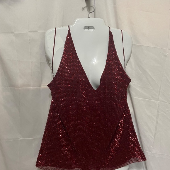 Express L maroon or burgundy sequined show girl tank top spaghetti straps lined - Picture 2 of 12
